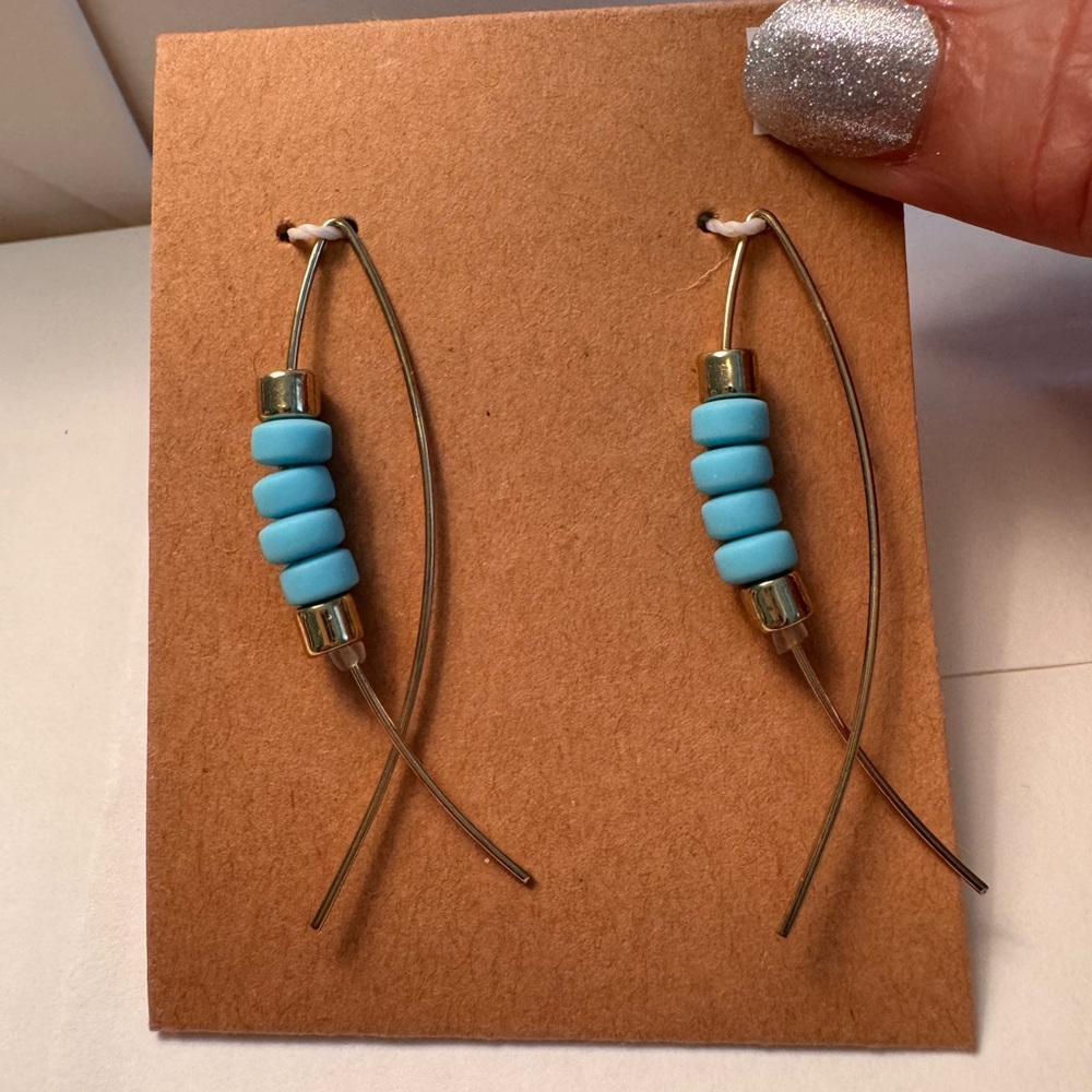 Turquoise Bead Drop Threader Earrings - Handmade